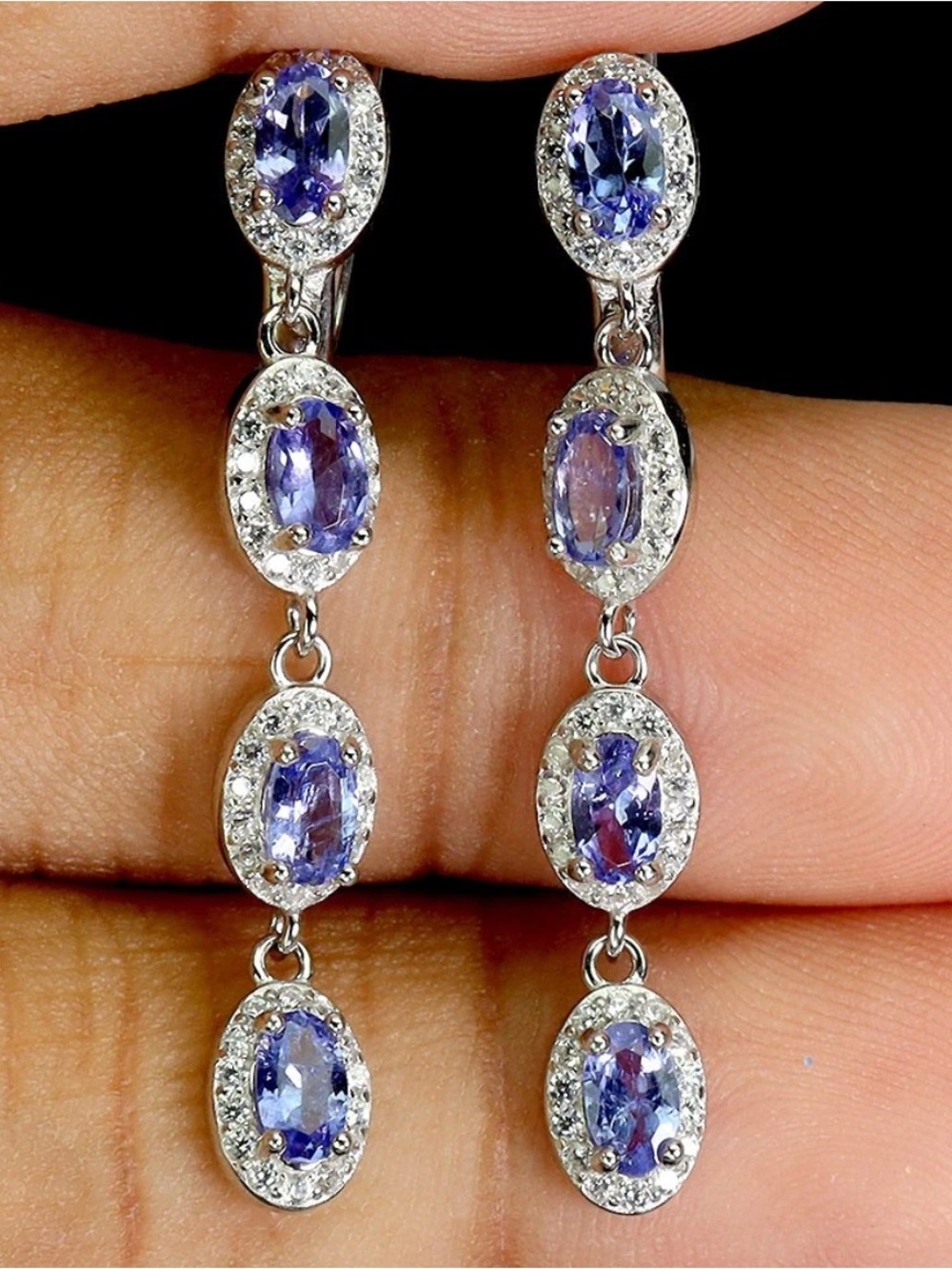14K white gold/ Sterling Silver Tanzanite and CZ drop earrings NEW
